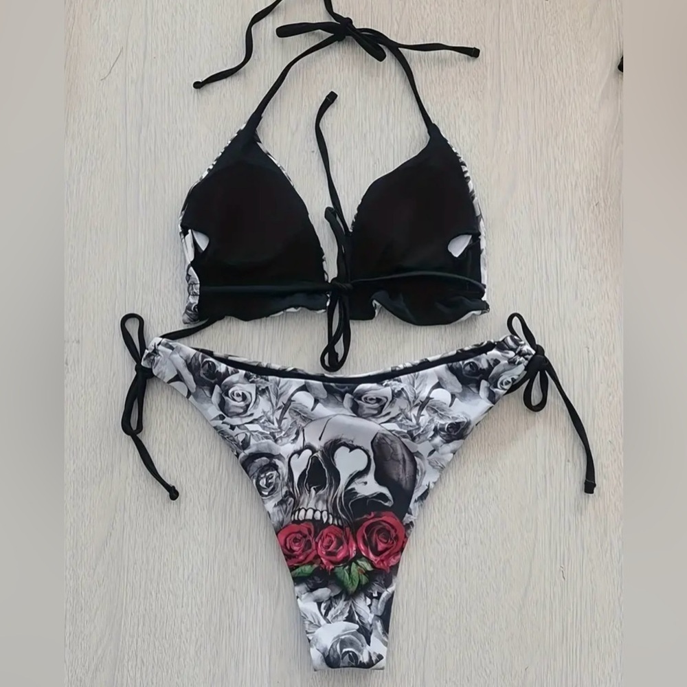 Skull Roses Triangle Halter Side Tie Bikini Set - Picture 6 of 11